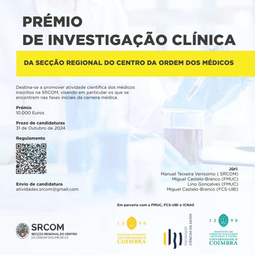 Ordem dos Médicos do Centro cria Prémio de Investigação Clínica no valor de 10 mil euros
