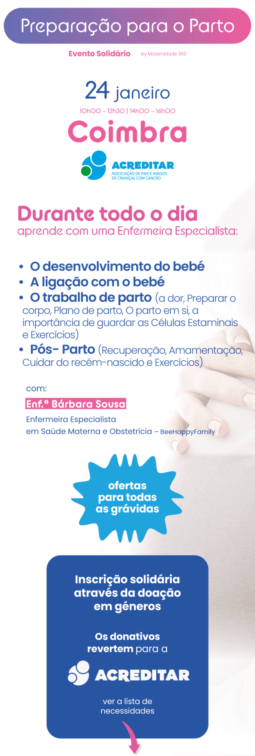 Preparação para o parto gratuita com contribuição solidária para Associação Acreditar